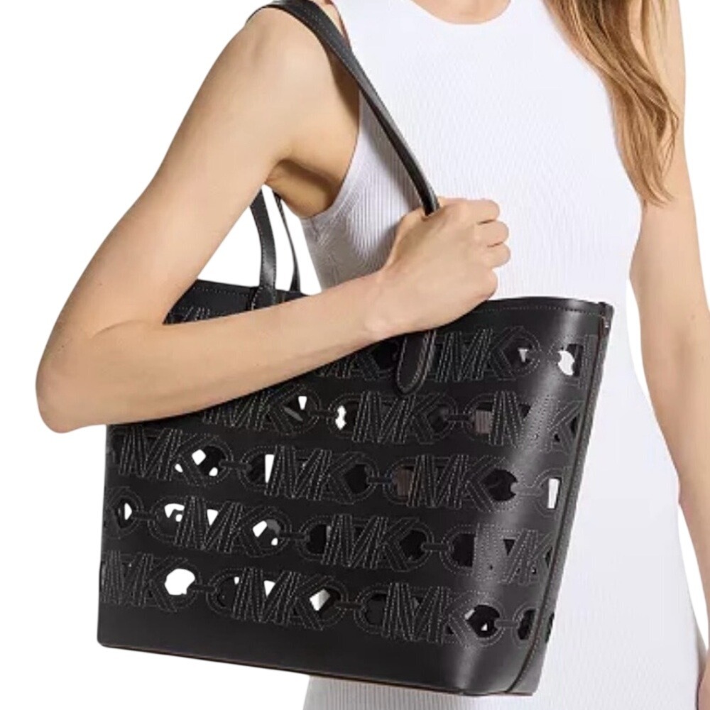 Michael Kors Eliza Large EW Open Tote Black Leather Cutout Logo Bag 30S4SZAT7P